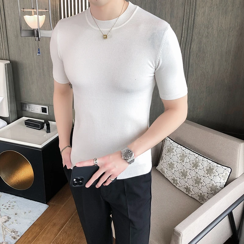 

Мужские вязаные пуловеры с ложным воротником, Легкие Свитера, хлопковые повседневные приталенные топы, уличная одежда с коротким рукавом, Рождественский свитер для мужчин