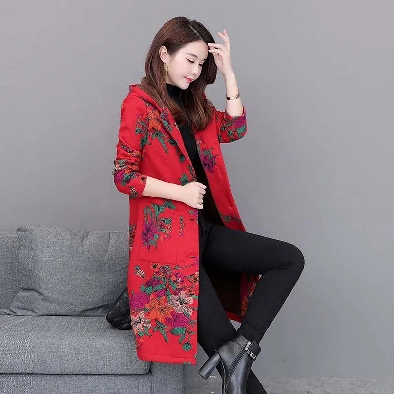 

Winter New Plus Velvet Thick Cotton Coat Korean Slim Floral Print Hooded Jacket New Casual Large size 5XL Female Velvet Jacket