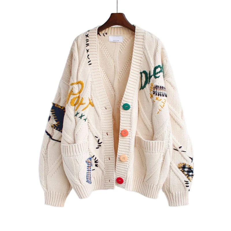 

2022 Autumn Winter Women Cardigan Warm Knitted Sweater Jacket Pocket Embroidery Fashion Knit Cardigans Coat Lady Loose Sweaters