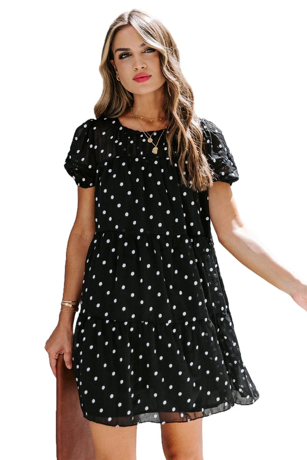 

Black Polka Dot Tiered Swing Mini Dress for Women Summer Beach Loose Dress
