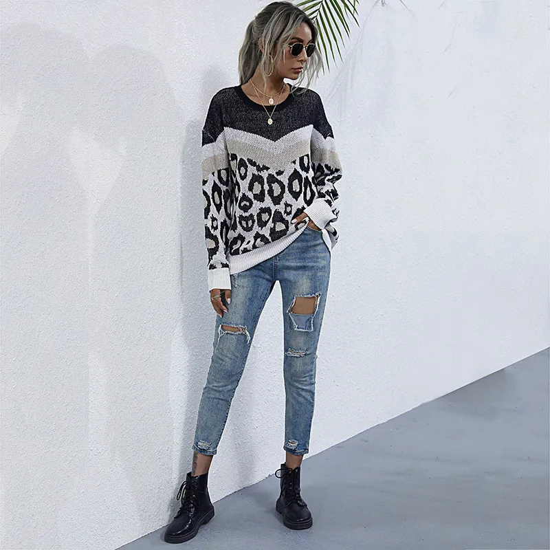 

Casual Vintage Women Sweater 2020 Winter Leopard Patchwork O-neck Loose Sweater for Ladies