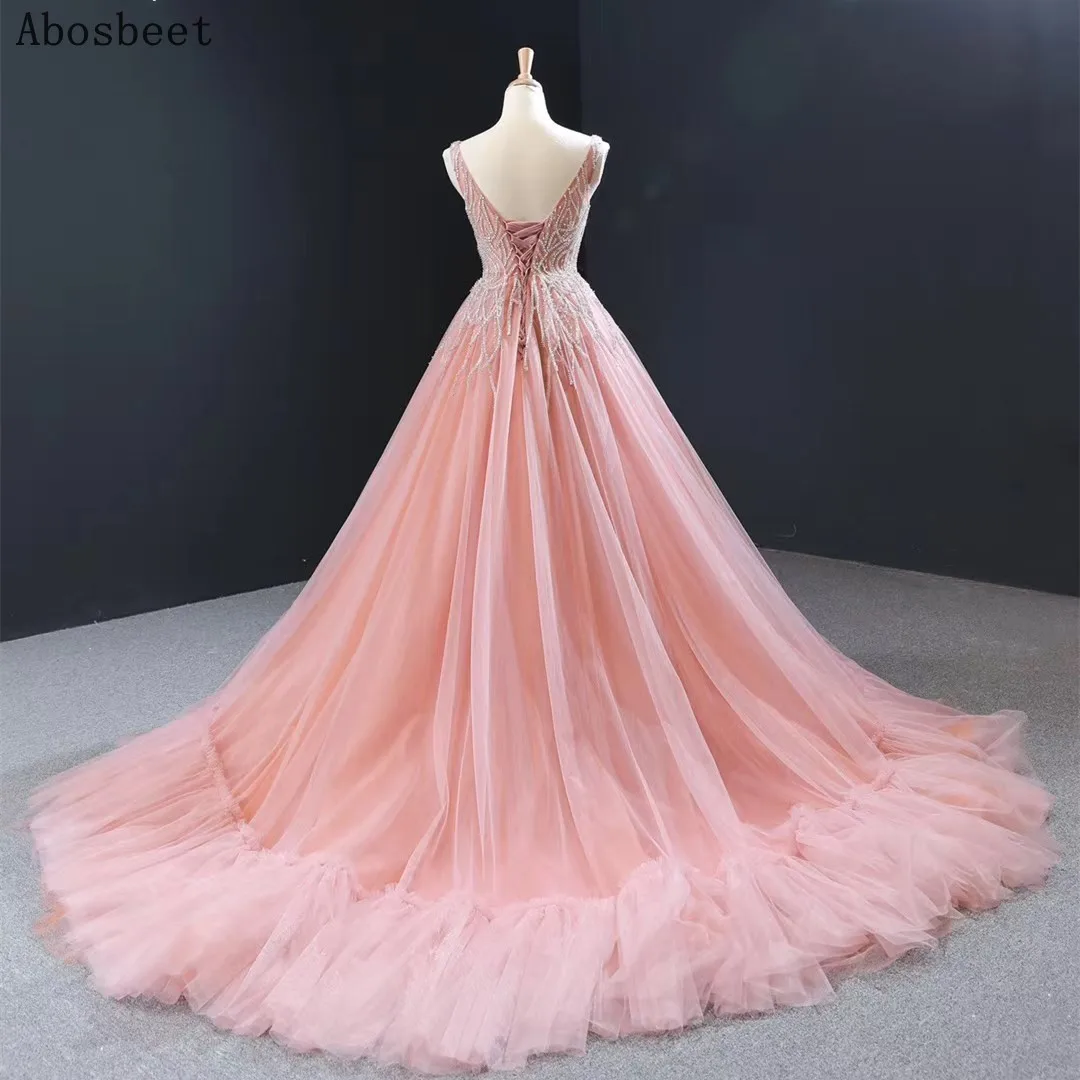 Elegant Chapel Ttain A Line Puffy Evening Dress Long 2021 Beading Top Fashion V Neck Soft Tulle Long Formal Evening Prom Gown