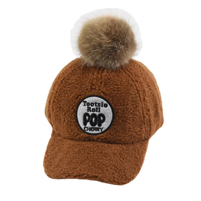 Зимние шапки с меховым помпоном для детей Снэпбэк Кепка бейсболка овечьим