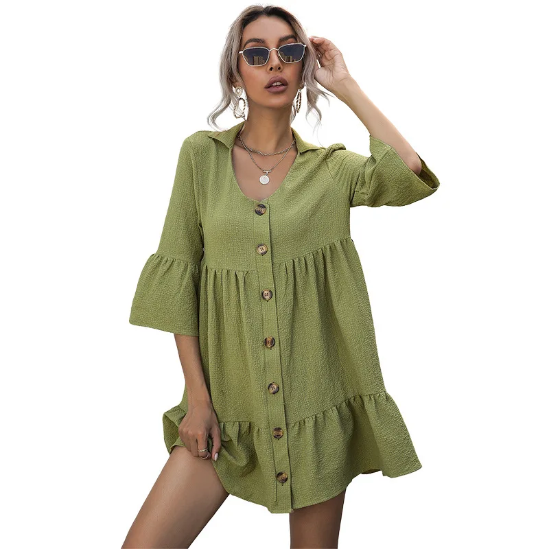 

2021 New Autumn Solid Color Lapel Mid-sleeve Loose Pleated Shirt with A Short Dress