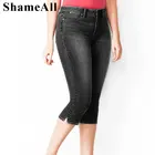 Женские джинсовые бриджи с разрезом на боку, белые облегающие бриджи из денима, брюки до щиколотки размера 4XL, лето