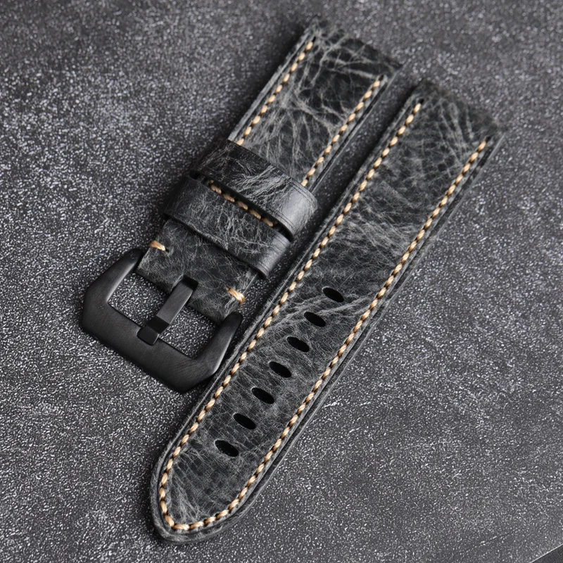 Ремешок мягкий из натуральной кожи для часов Panerai дымчато-темно-серый браслет