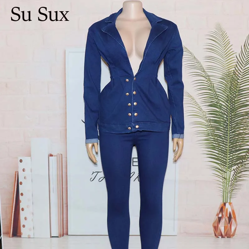 Женский джинсовый костюм из двух предметов повседневный облегающий топа с