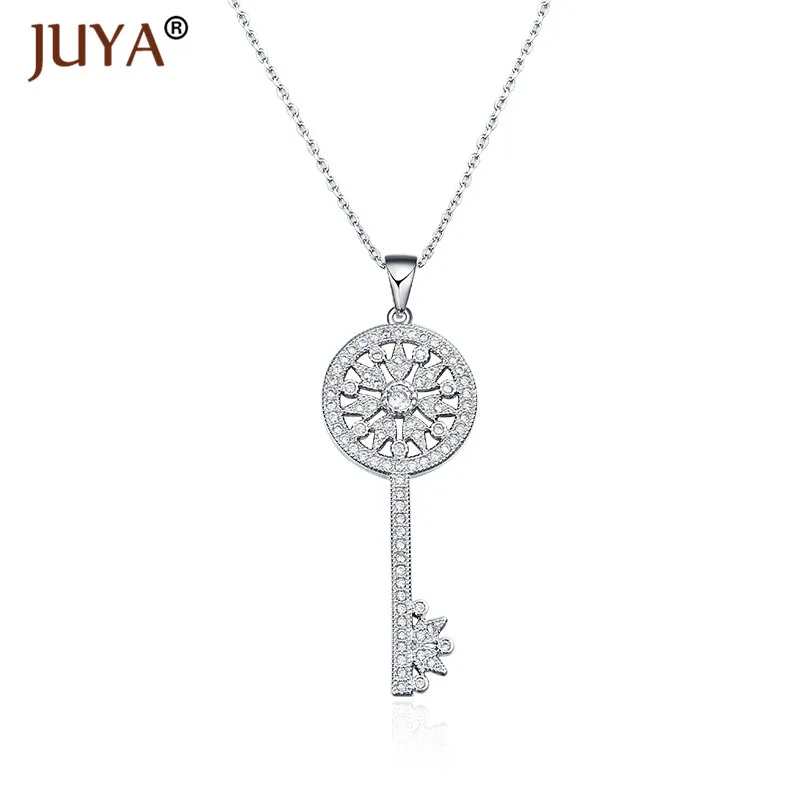 fashion statement necklaces for women Luxury Jewelry Copper Zircon Rhinestone Key Pendants Necklace Silver Femme - Metal Color: silver