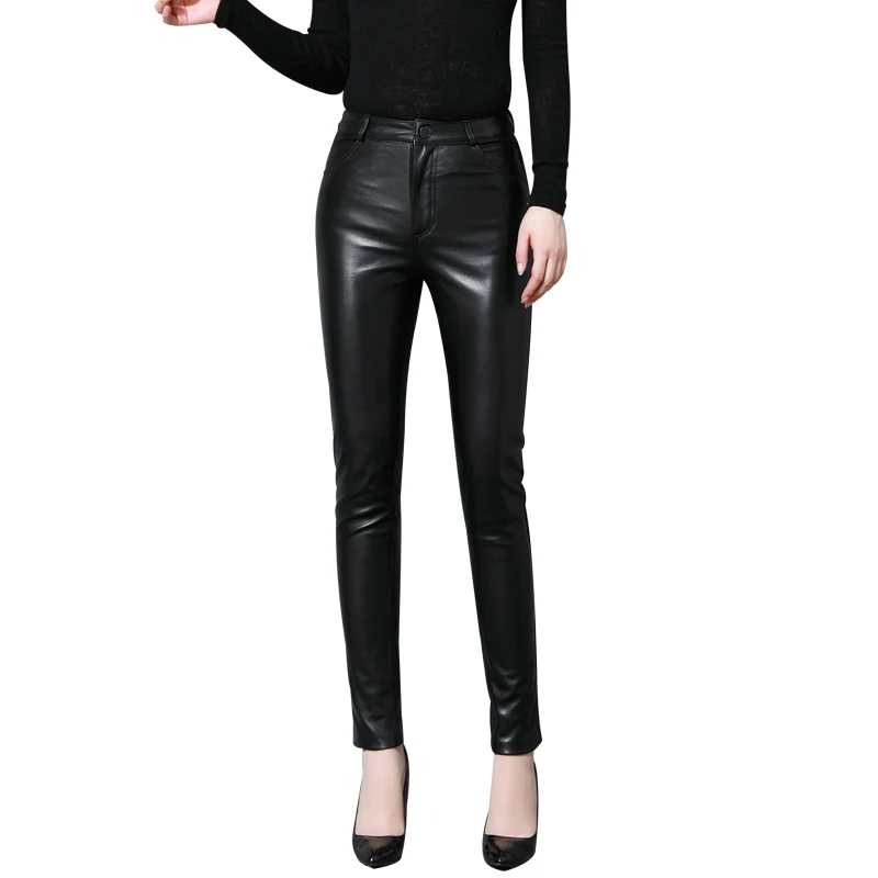 Genuine Leather Pants Women's Spring Autumn Black Sheepskin Trousers Female Slim Leather Pencil Pants OL Slim Pants