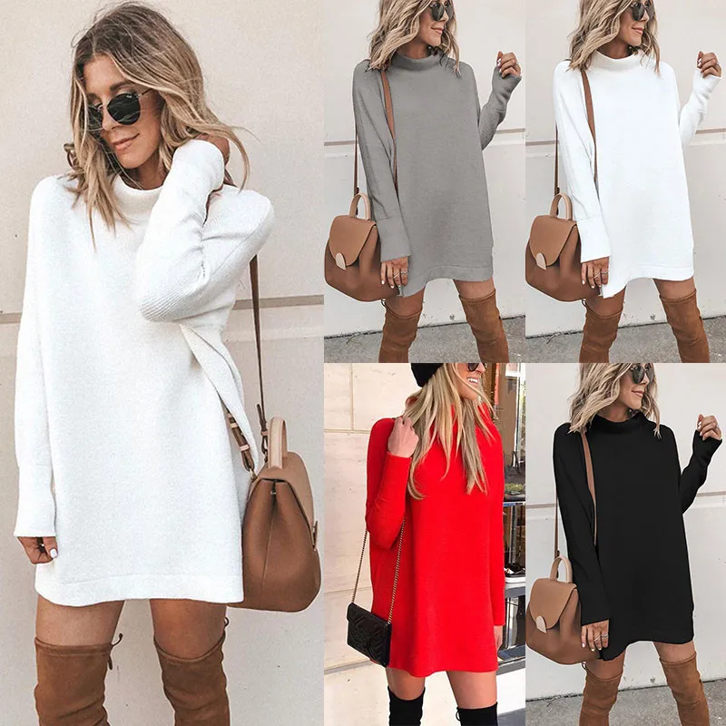 

4-color hot sale autumn and winter 2020 fashionable slim round neck long sleeve women's knitting dresses