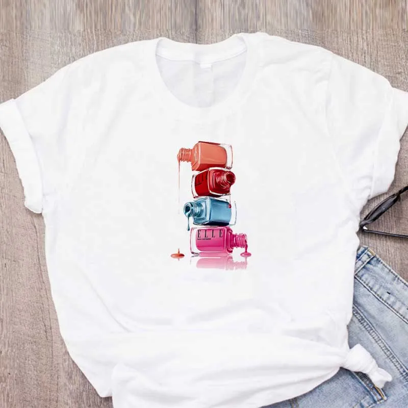 

White 0-neck Harajuku Ladies Clothes T-shirt Women T Shirt 3D Finger Nail Paint Color Graphic Fashion Cute Printed Female Tshirt