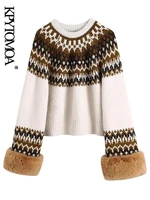 kpytomoa women fashion faux fur jacquard knit sweater vintage o neck long sleeve female pullovers chic tops