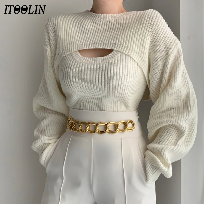 ITOOLIN Women Two Pieces Sexy Sweater Autumn Shawl and Tank Tops Jumpers Sets Solid Long Sleeve Pullovers Knitted Sweater