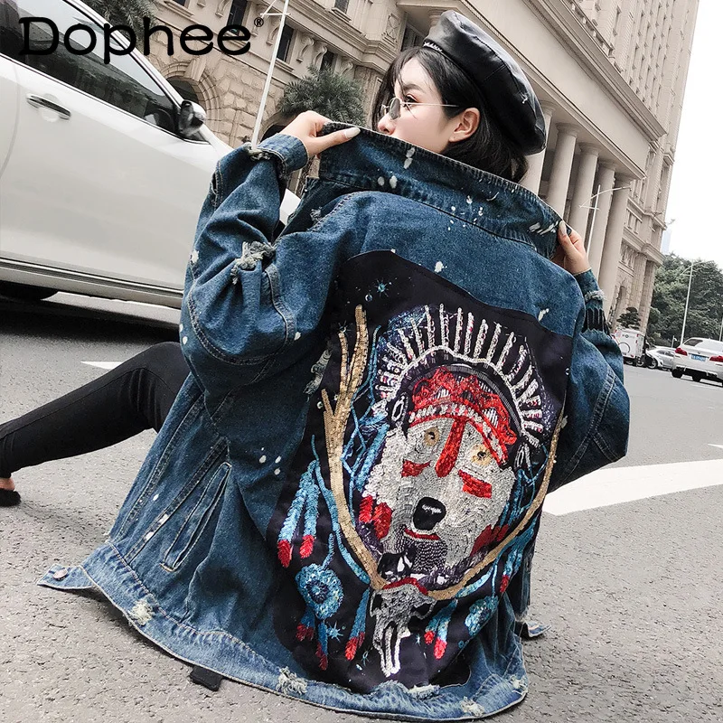 

Chic Beads Cartoon Embroidery Sequined Ripped Denim Jacket for Women Spring Autumn Loose Plus Size Clothes BF Jean Jacket Tide
