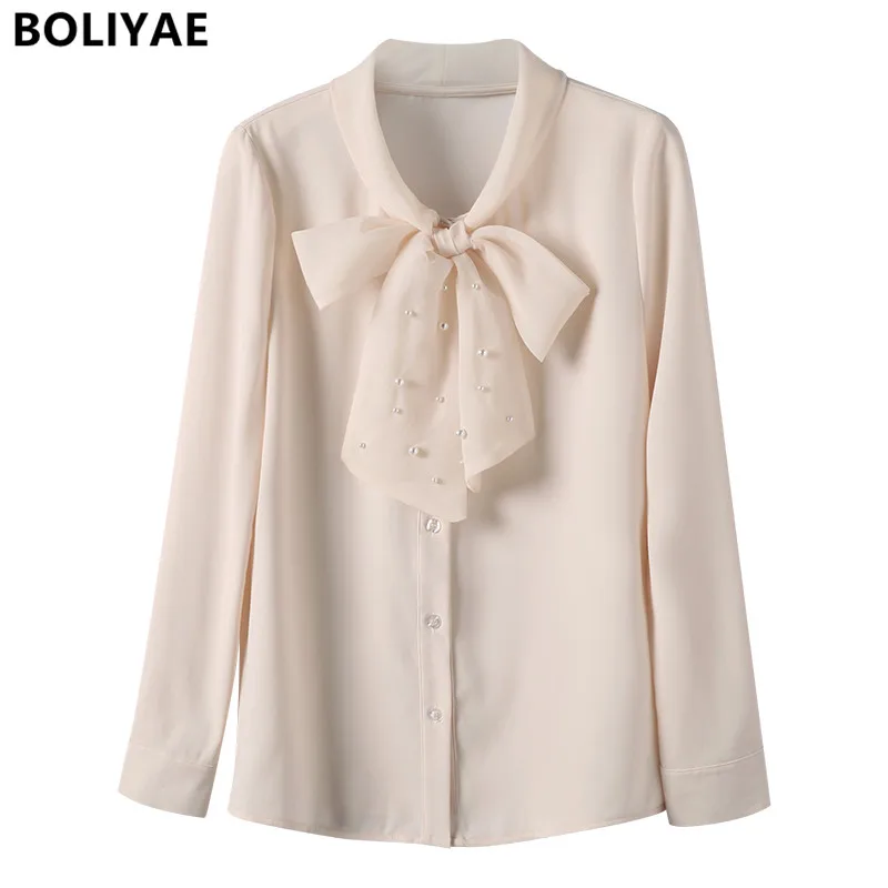 Spring and Autumn New Women's Clothing Fashion Bowknot Blouse High Quality Chiffon Long Sleeve Shirt Casual Professional Tops