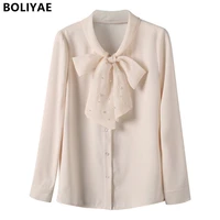 spring and autumn new womens clothing fashion bowknot blouse high quality chiffon long sleeve shirt casual professional tops