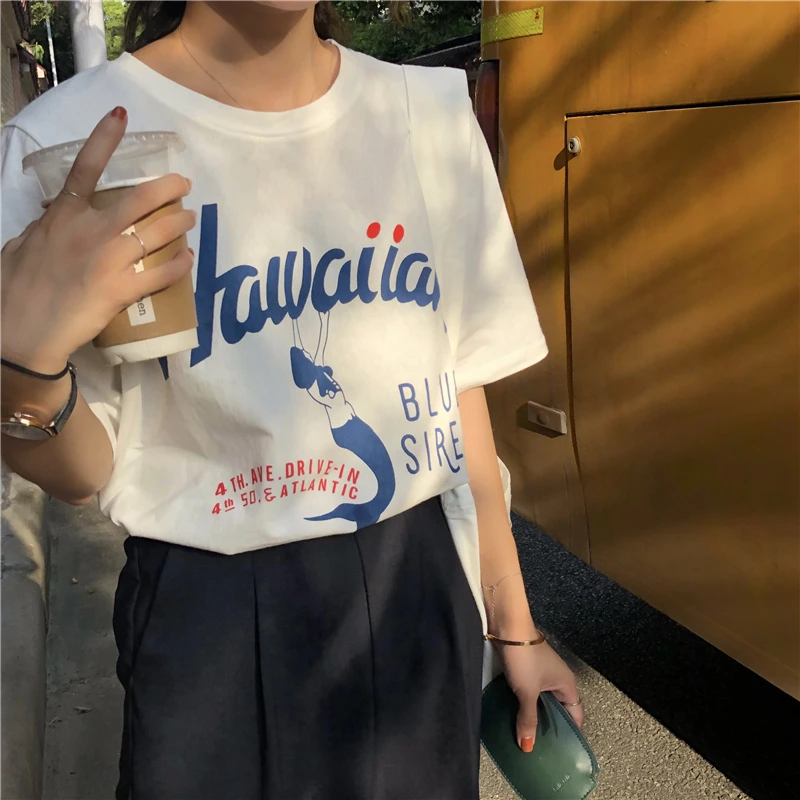 

New Young Style Tee Shirt Summer Vintage Letters Women T Shirt Mermaid O Neck Loose Tops Mujer Cartoon Print Harajuku T Shirt