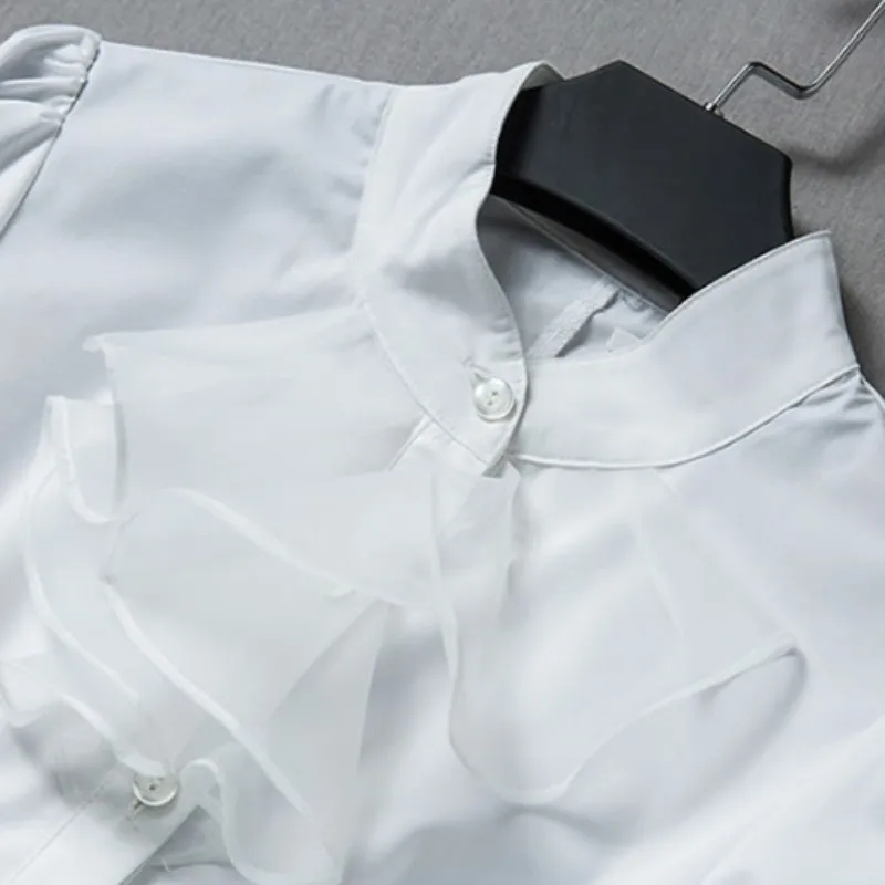 

OL Style White Long Sleeve Shirt Women Spring Elegant Lantern Sleeve Office Tops Shirts Streetwear Vintage Slim Ruffles Blouse