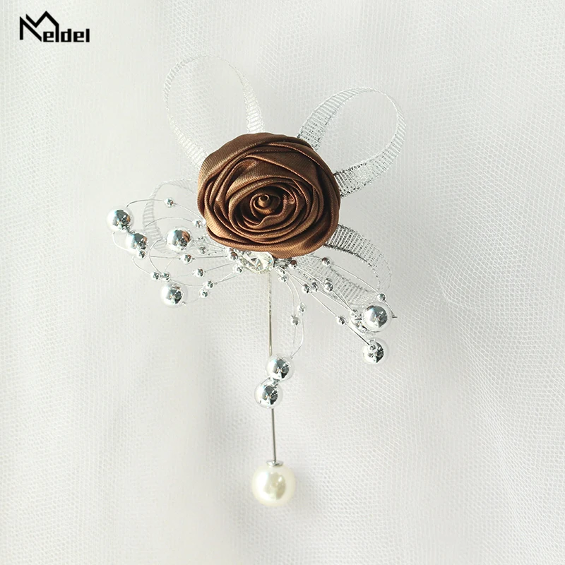 Meldel Artificial Pearl Brooch Wedding Corsage Pin Flowers Silk Roses Boutonniere Men Mariage Corsages and Boutonnieres |