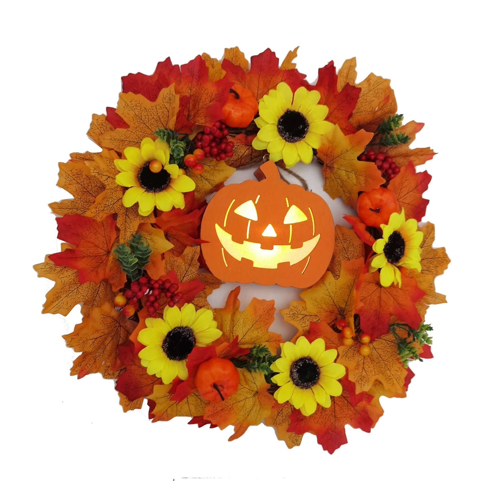

Artificial Fall Wreath Glowing Pumpkins Light Garland Hanging Ornament Halloween Decoration for Home Front Door Porch 66CY