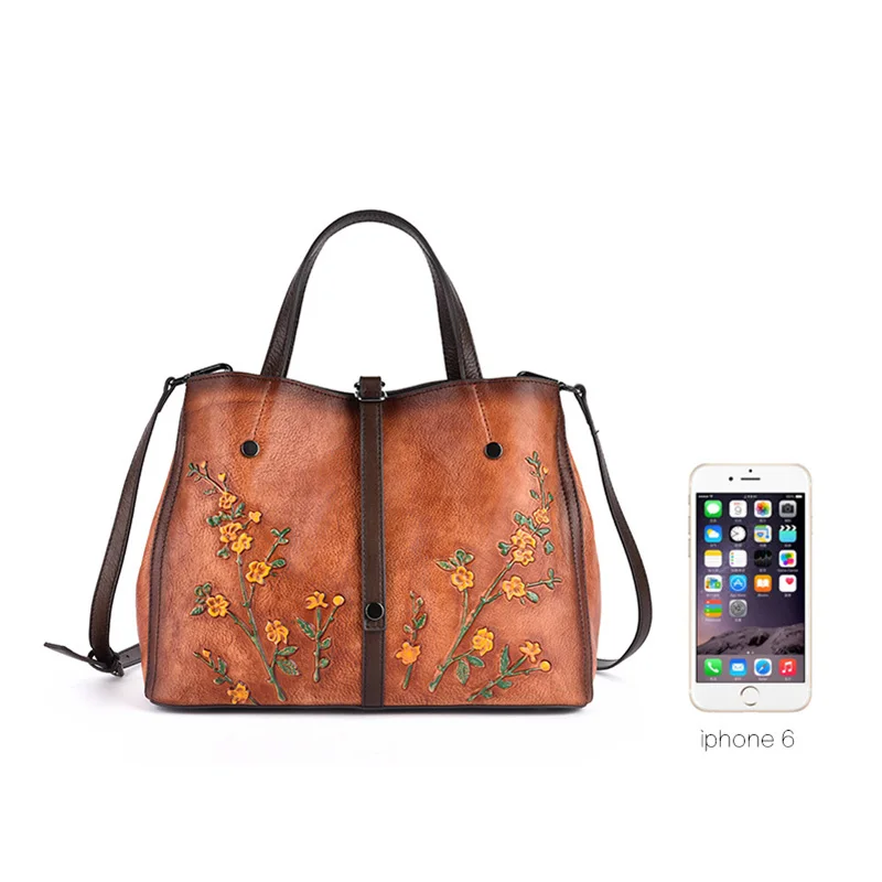 

Handbag Women'S Leather Large Capacity Diagonal Hand Bag Vegetable Tanned Leather Retro Embossed Leather Handbag Rubbed Color