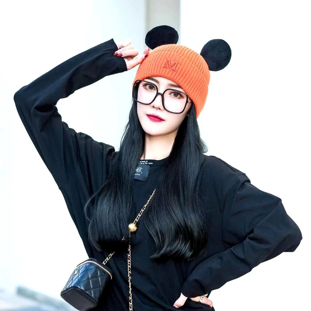 

Disney Mickey Ear Hat Women Cartoon Kids Headdress Autumn Winter Woolen Knitted Accessories Korean Sweet Cute Cap Hapeau Femme
