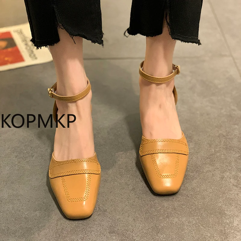 

Women's Thick Heel Baotou Sandals 2021 Summer New Style Buckle Square Head Hollow Outer Wear Mid-Heel Single Shoes