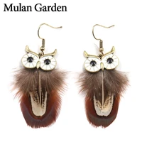 mg long nature feather owl earrings for women trendy feather jewelry bohemian statement earrings fashion jewelry wholesale 2019