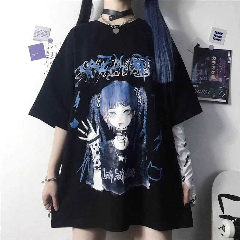 

Cool Funny Summer Womens Kpop T Shirts Black Harajuku Tshirt Streetwear Cartoon Ladies Loose Girl Japan Tops Casual Amine Tshirt