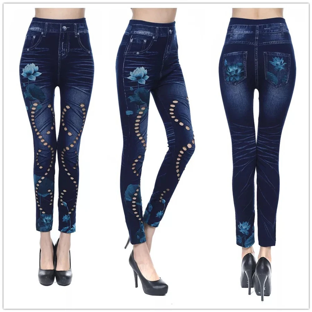 Женские джинсы с имитацией денима высокая талия принт бабочки размера плюс