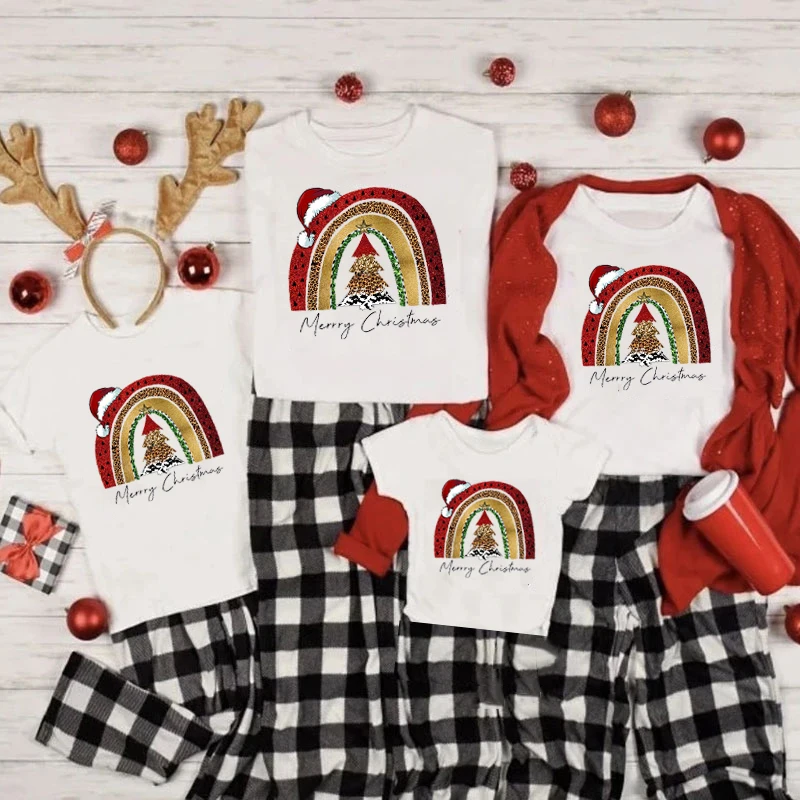 

Christmas happy family matching clothes t shirts rainbow Leopard fashion kid girls baby father mother gift family outfits look
