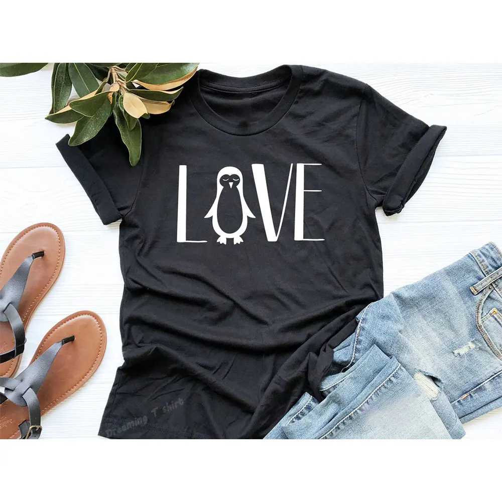 

LOVE Penguin Shirt Kawaii Graphic Tee Cute Animal Printing T-Shirts Cotton Round Neck Short Sleeve Women Top Loose Casual-H3-479