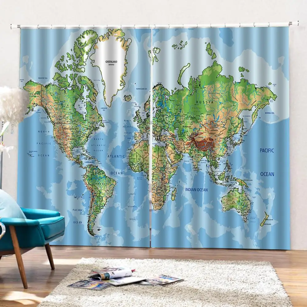 Пользовательские мультфильм карта мира узор занавес цифровая печать для