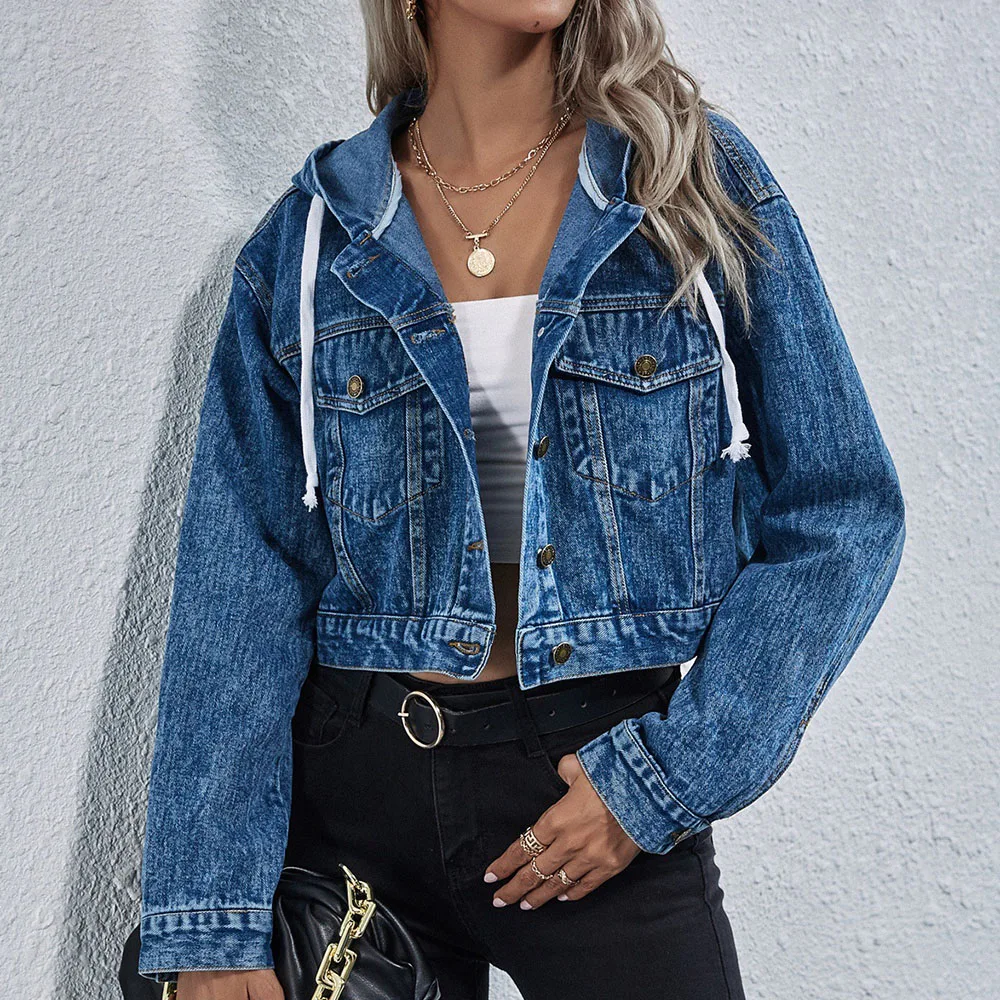 

2021 Denim Jacket Women Hooded Jackets Casual Vintage Loose Long Sleeves Short Coats Biker Chic Button Solid Color Streetwears