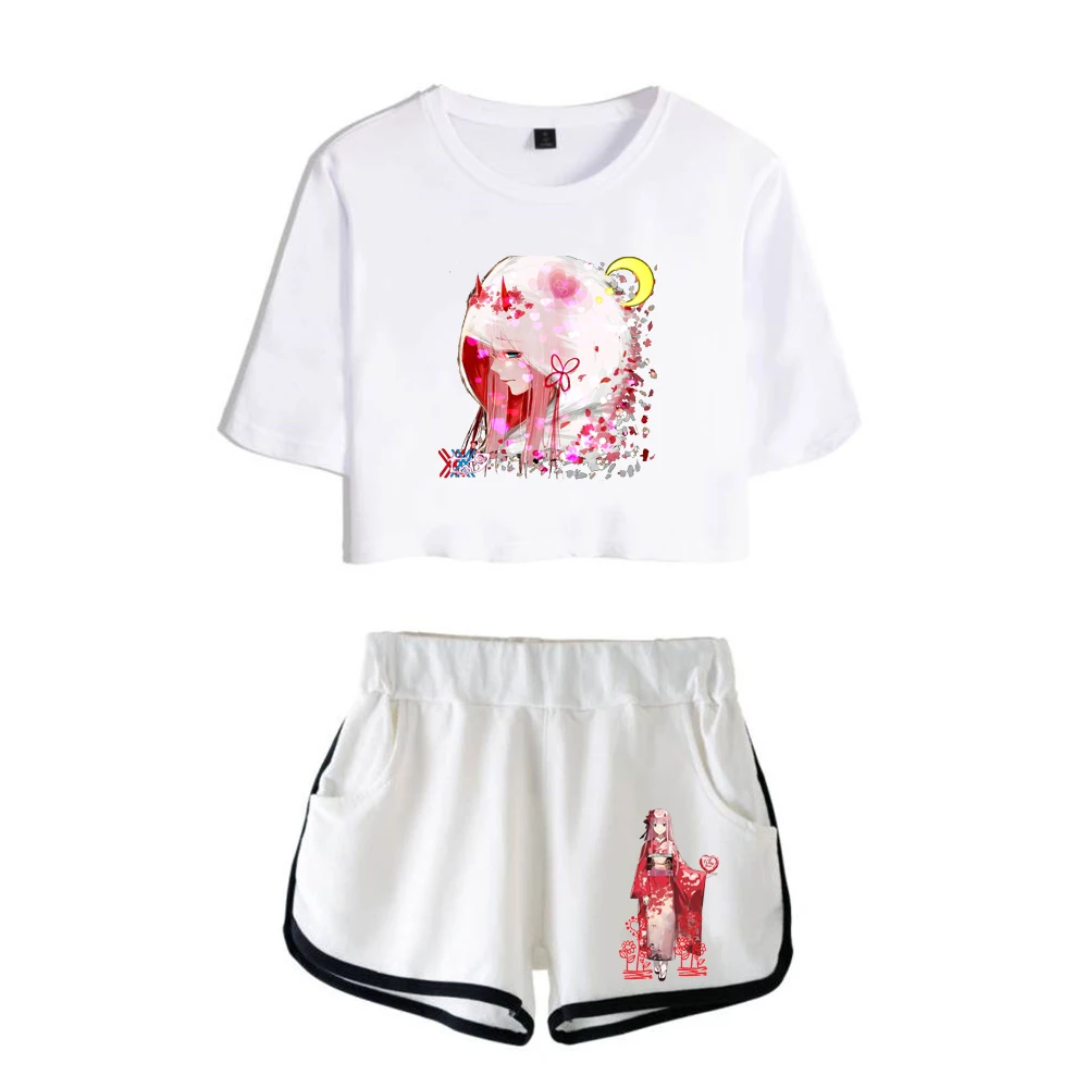 

Trendy Kawaii DARLING In The FRANXX Print Dew navel Sport Girl suits Trendy Youthful Two Piece Set Sexy Shorts+lovely T-shirt