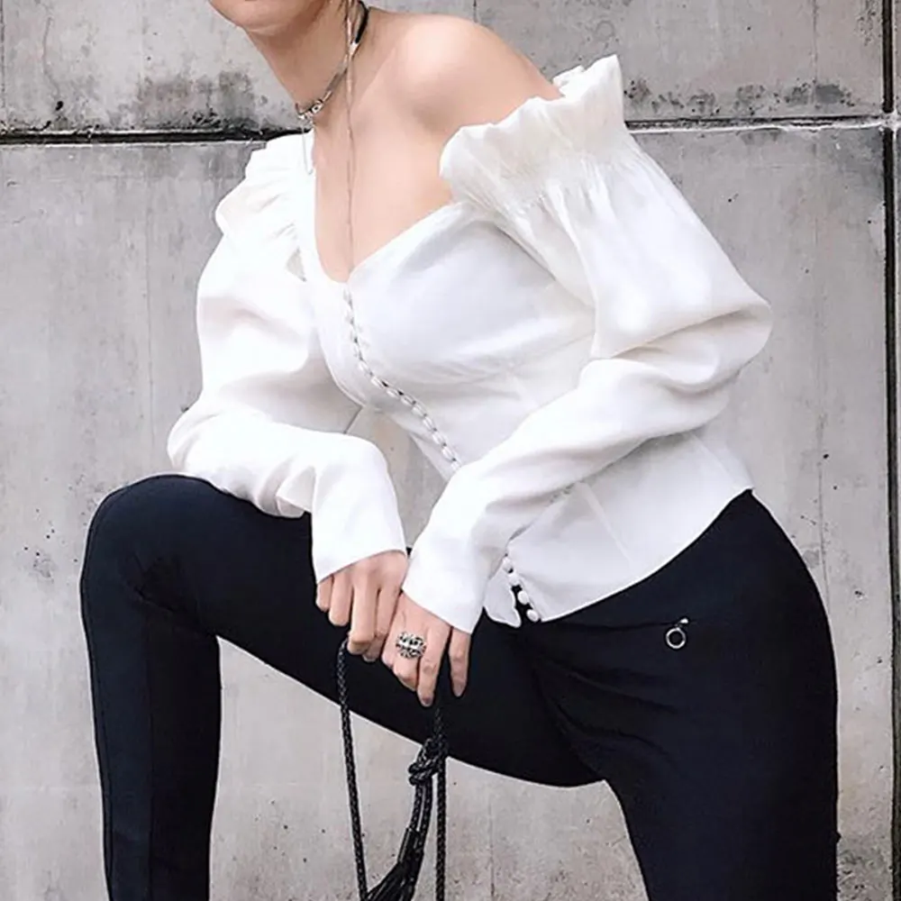 

Gentillove 2019 Women Sexy White Irregular Skew Collar Blouse Autumn Female Button Slim Pullover Shirts New Ladies Ruffles Tops
