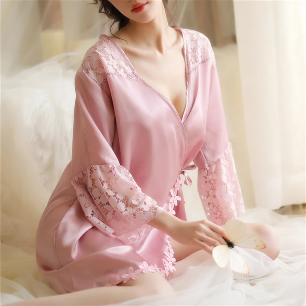 

4 Color Women Sexy Nightwear Lace Nightgown Flower Sleepwear Dress Chemise Deep V Sarong Underwear Lingerie Fascinating Babydoll