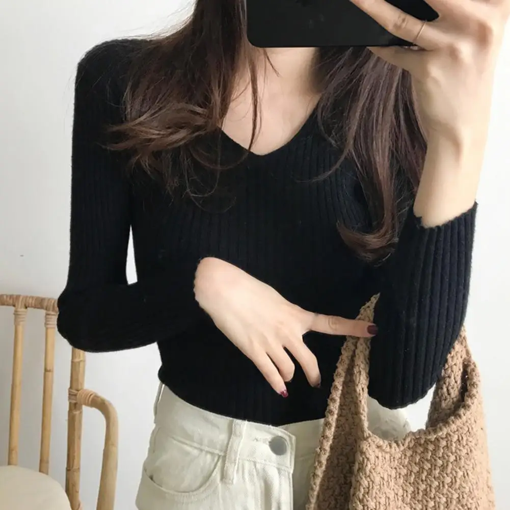 

Women's Tops Autumn Winter Simple Long Sleeve V Neck Ribbed Blouse Slim Knitted Pullover Casual Elastic Top Plus Size 7 Colors