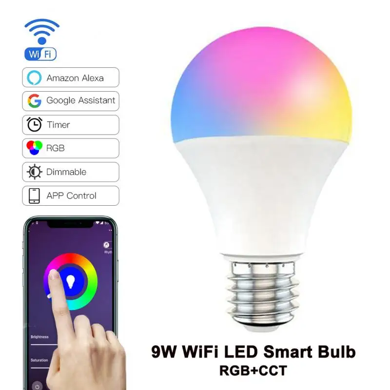 

9W WiFi Smart Light Bulb E27 E26 B22 RGB LED Lamp RGB+CCT Dimmable Timer Function Voice Control Work with Alexa Google Home