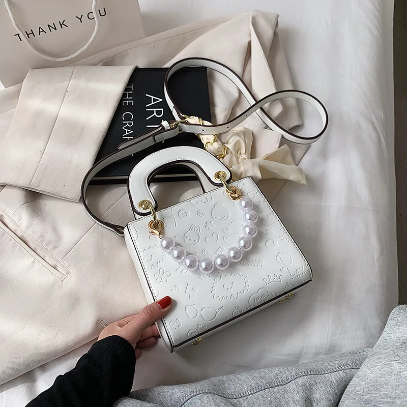 

Texture Handbag Women's Bag 2021 Brand New Fashion Pearl One-shoulder Female Bag Net Celebrity Simple Messenger Small Square Bag