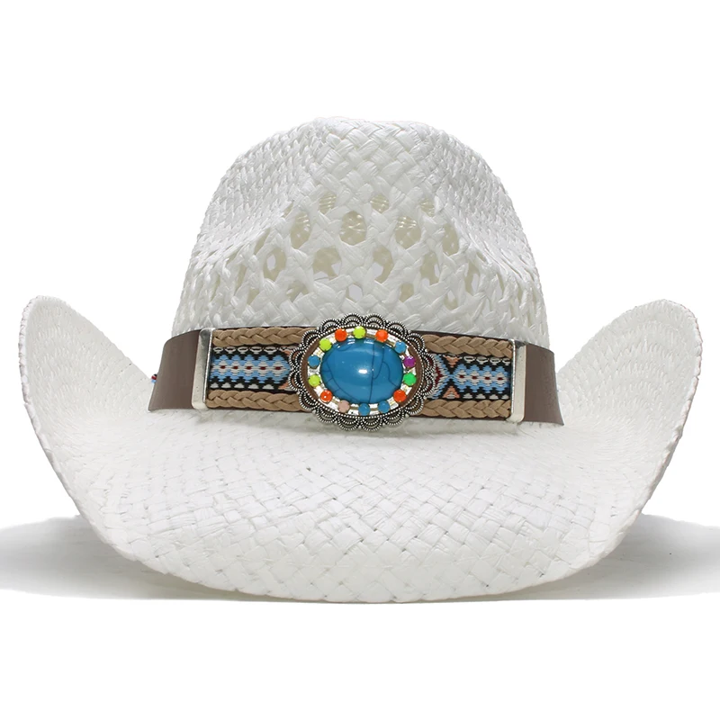 

Retro Turquoise Leather Band Casual Hollowed Out Women Men Raffia Straw Wide Brim Beach Cowboy Cowgirl Western Sun Hat (58cm