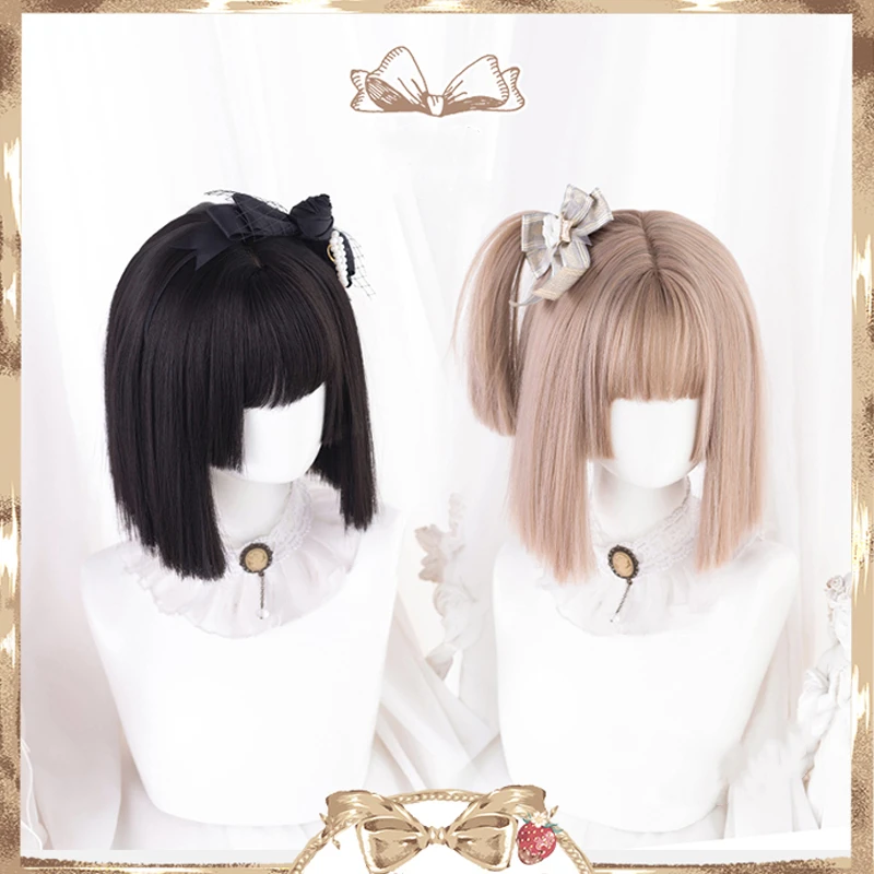 

Black Champion Lolita Headwear Harajuku Fairy Hime Cut Short Straight Sweet Fringe Adult Kawaii Girls Cosplay Accessories