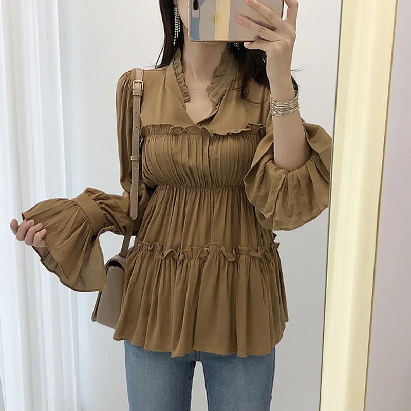 

Женская шифоновая блузка Miss Don Not, шикарная блузка с плиссированным воротником и расклешенными рукавами в Корейском стиле на весну