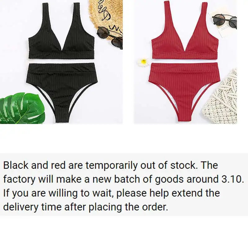 

Peachtan Sexy solid ribbed bikinis 2021 mujer High waist swimsuit women V neck swimwear female Sport bathing suit Stripe biquini