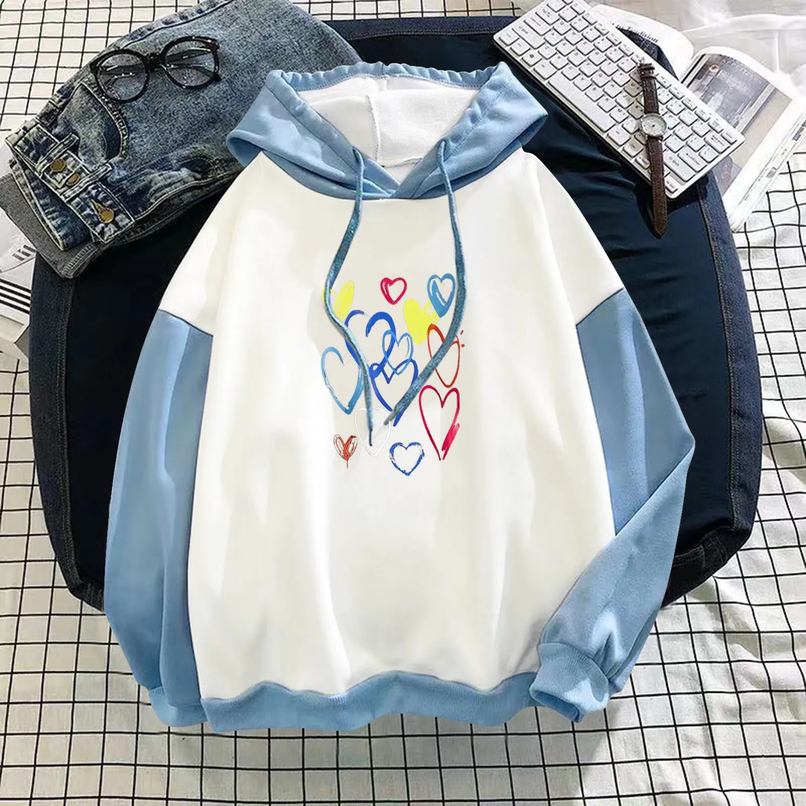 

Женская Повседневная Блузка с длинным рукавом, пуловер на шнуровке с принтом в виде сердечек, свитшот с капюшоном, женские топы на осень-зим...