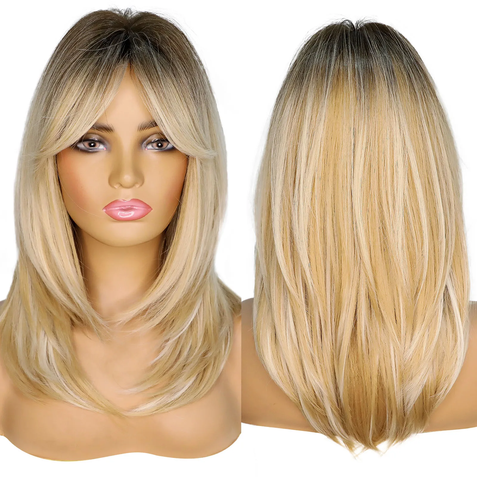 

Ombre Dark Black Honey Brown Synthetic Wigs with Side Bangs Middle Long Wigs for Women Cosplay Daily Party Heat Resistant Fiber