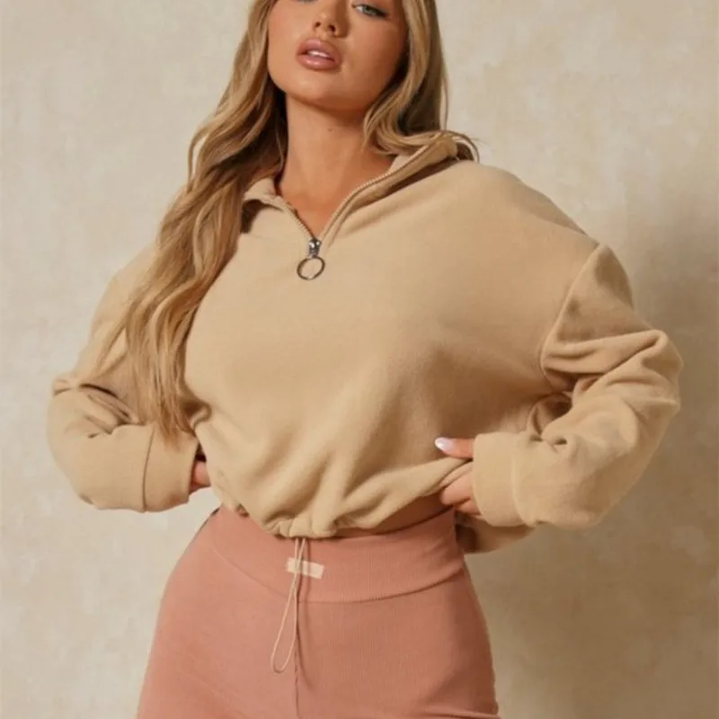 

Autumn And Winter Women's Hooded Sweatshirt Simple Solid Color Lapel Fashion Loose Sweatshirt Fashion Qn*