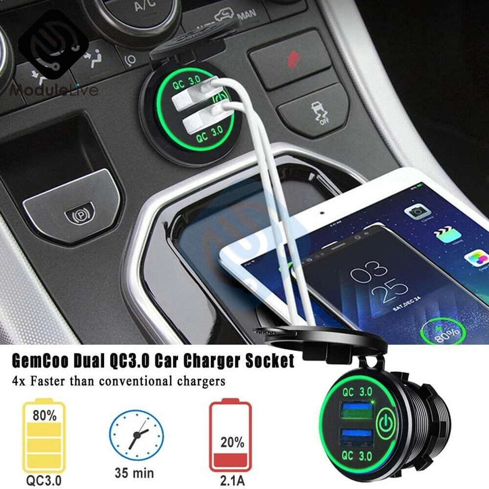 

Car Charger Socket DC 12V QC 3.0 Dual USB Port Volt Display Phone Fast Quick Charge Charging with Switch for Car Motorcyc