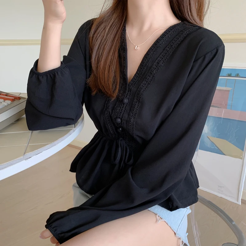 Белые блузки с лентами Женская повседневная одежда 2021 осенняя кружевная рубашка