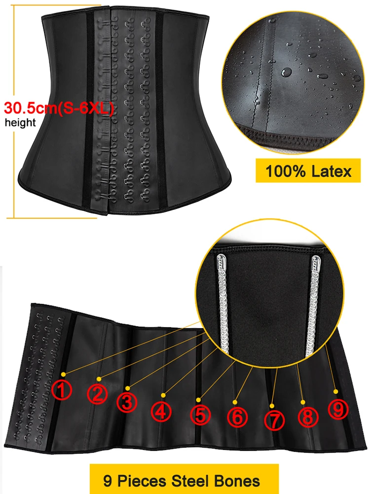 Women Body Shaper 100% Latex Waist Trainer Corset Shapewear Waist Tops Plus Size Women Girdle Slimming Black